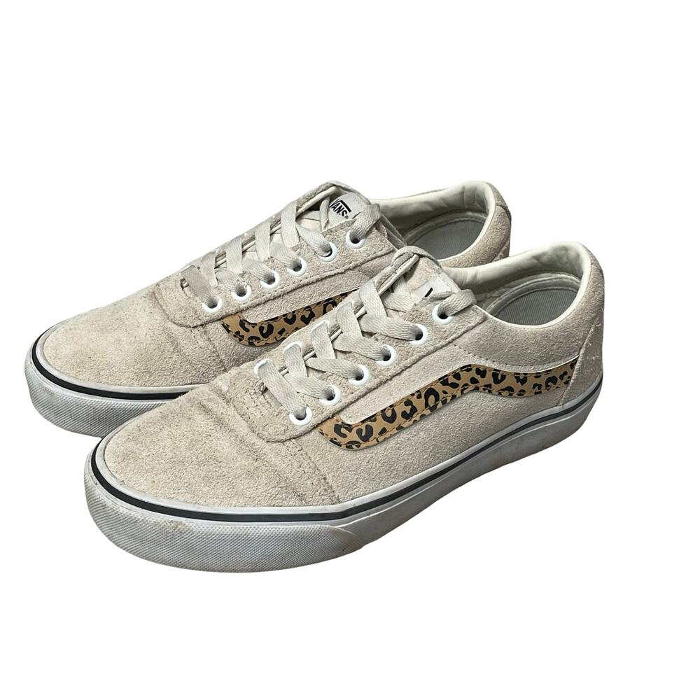 VANS Women 8.5 Sneakers Low Top Cream Suede Leopard Old Skool Lace Up Skate